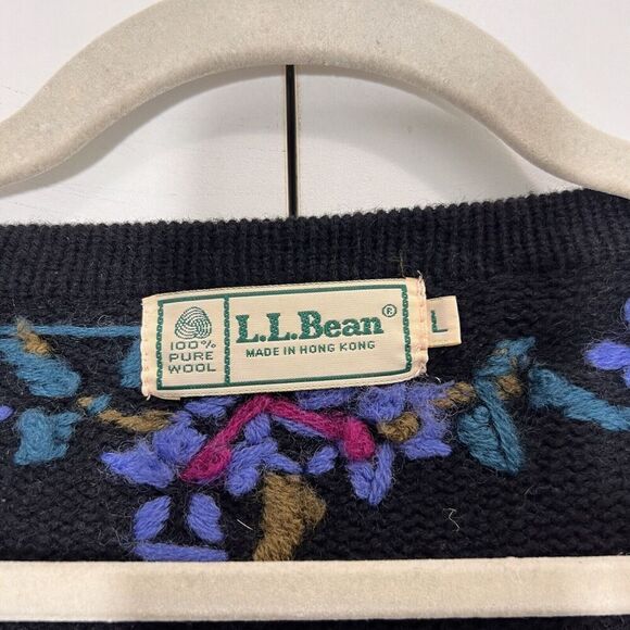 Ll Bean Vintage Cardigan Sweater Women’s L Wool Black Floral Embroidered - Picture 4 of 6